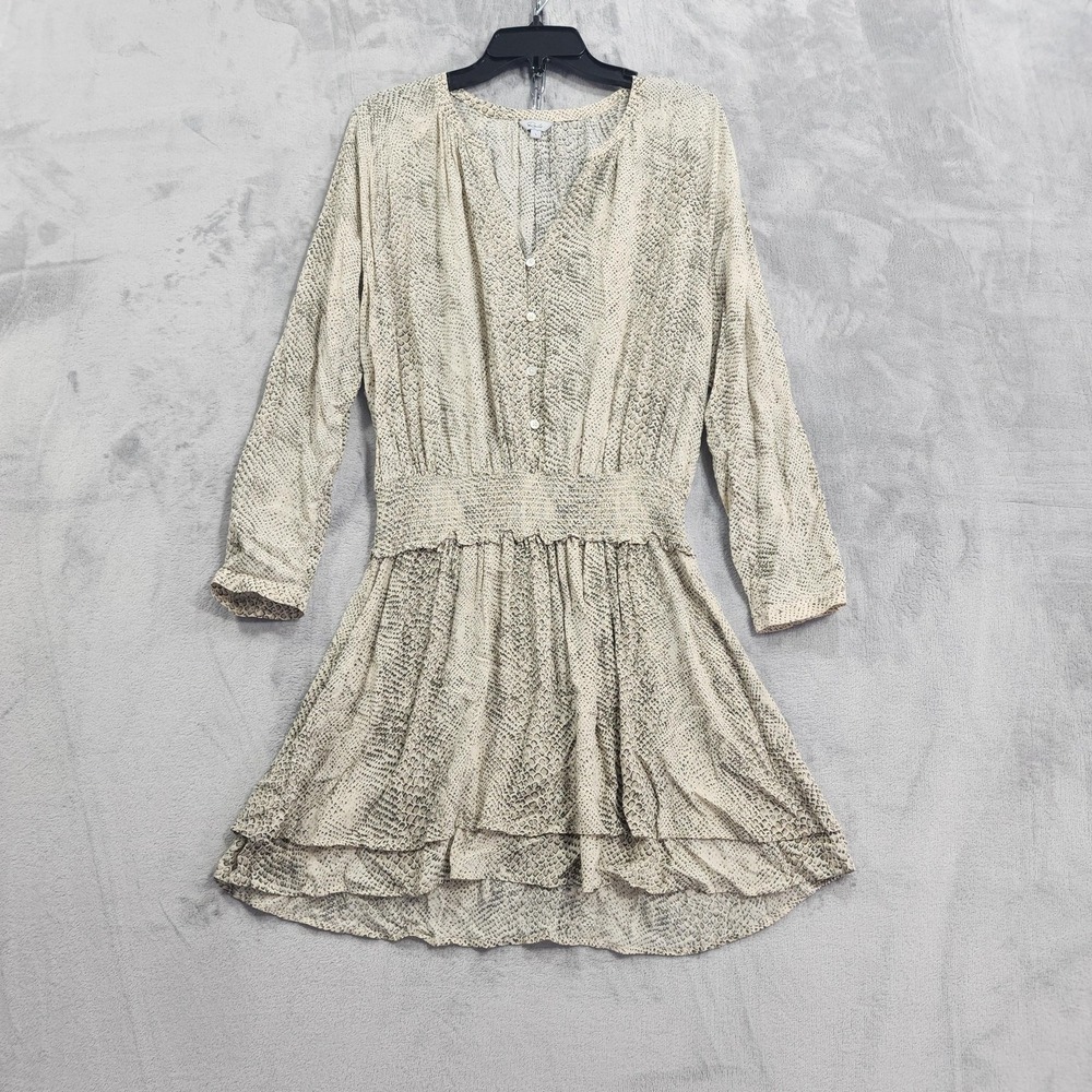 Rails Dress Womens L Cream Snakeskin Jasmine Smocked Waist Mini Long Sleeve